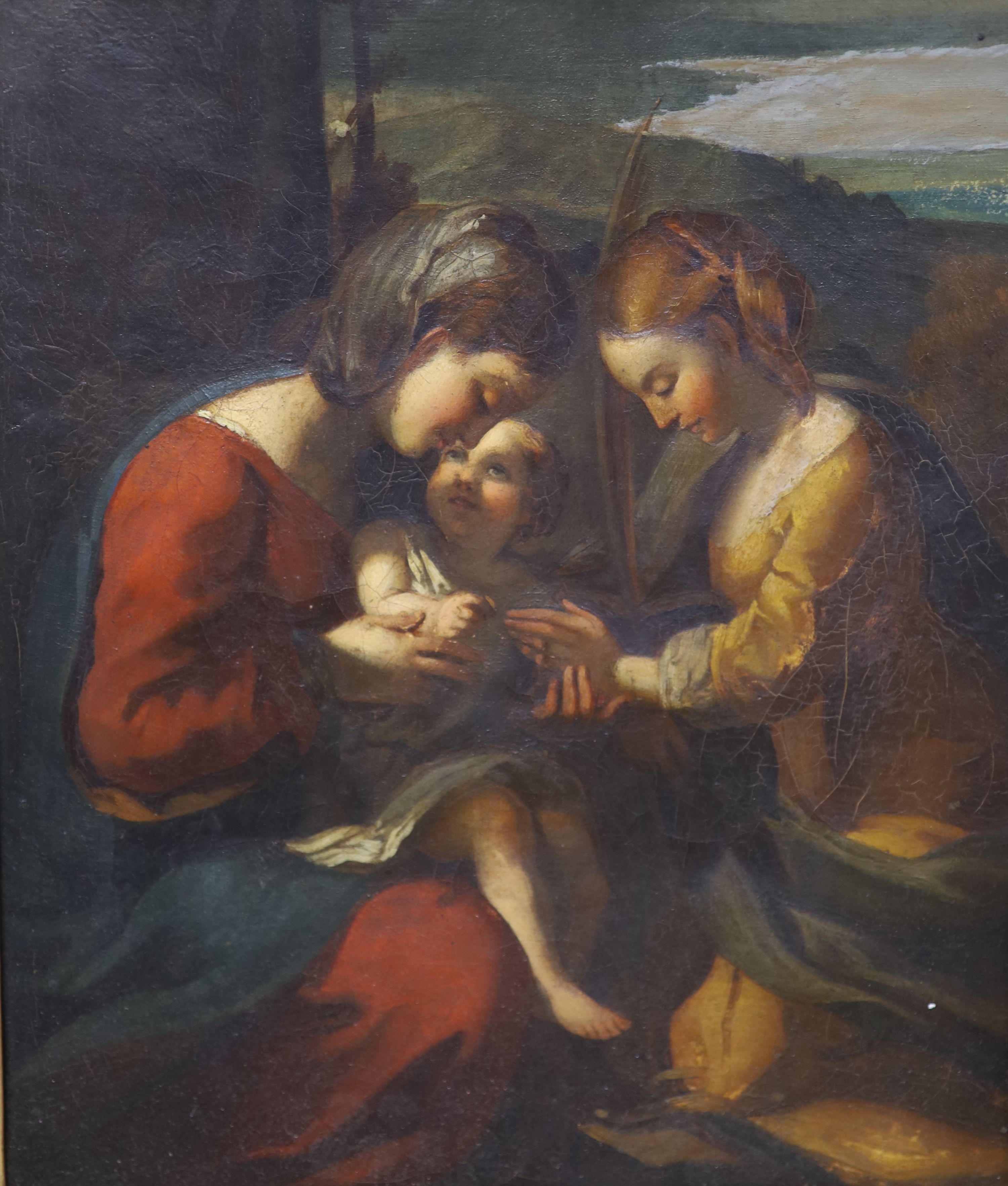 Luigi Bigazzi (Italian, b.1814), oil on canvas, Virgin and child with attendant, signed and dated 1877 verso, 26 x 22cm